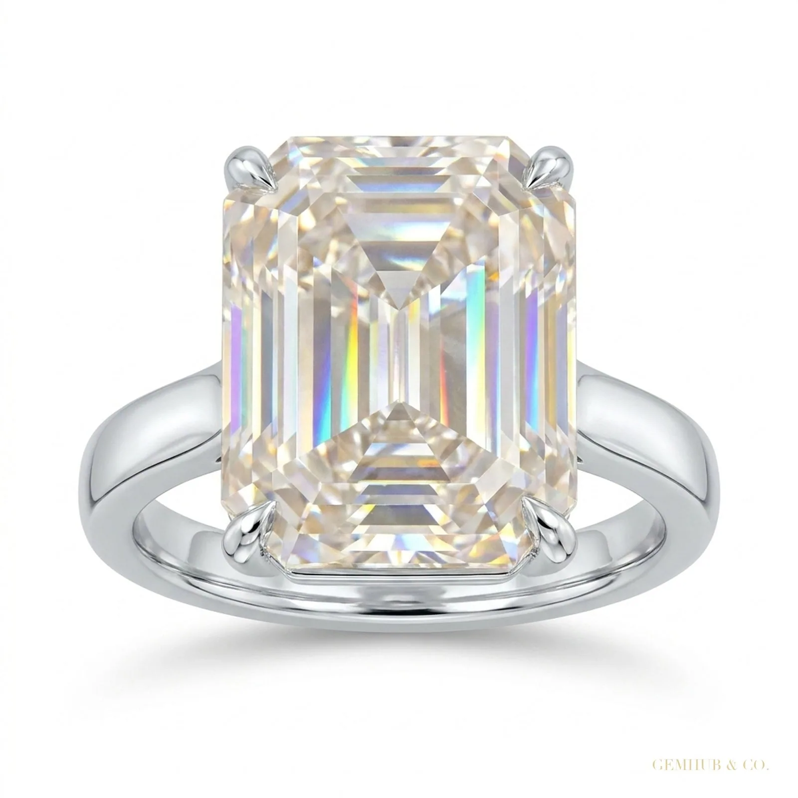 27.50 ct DEW Certified Emerald Cut White Moissanite Solitaire Ring in Gold Vermeil