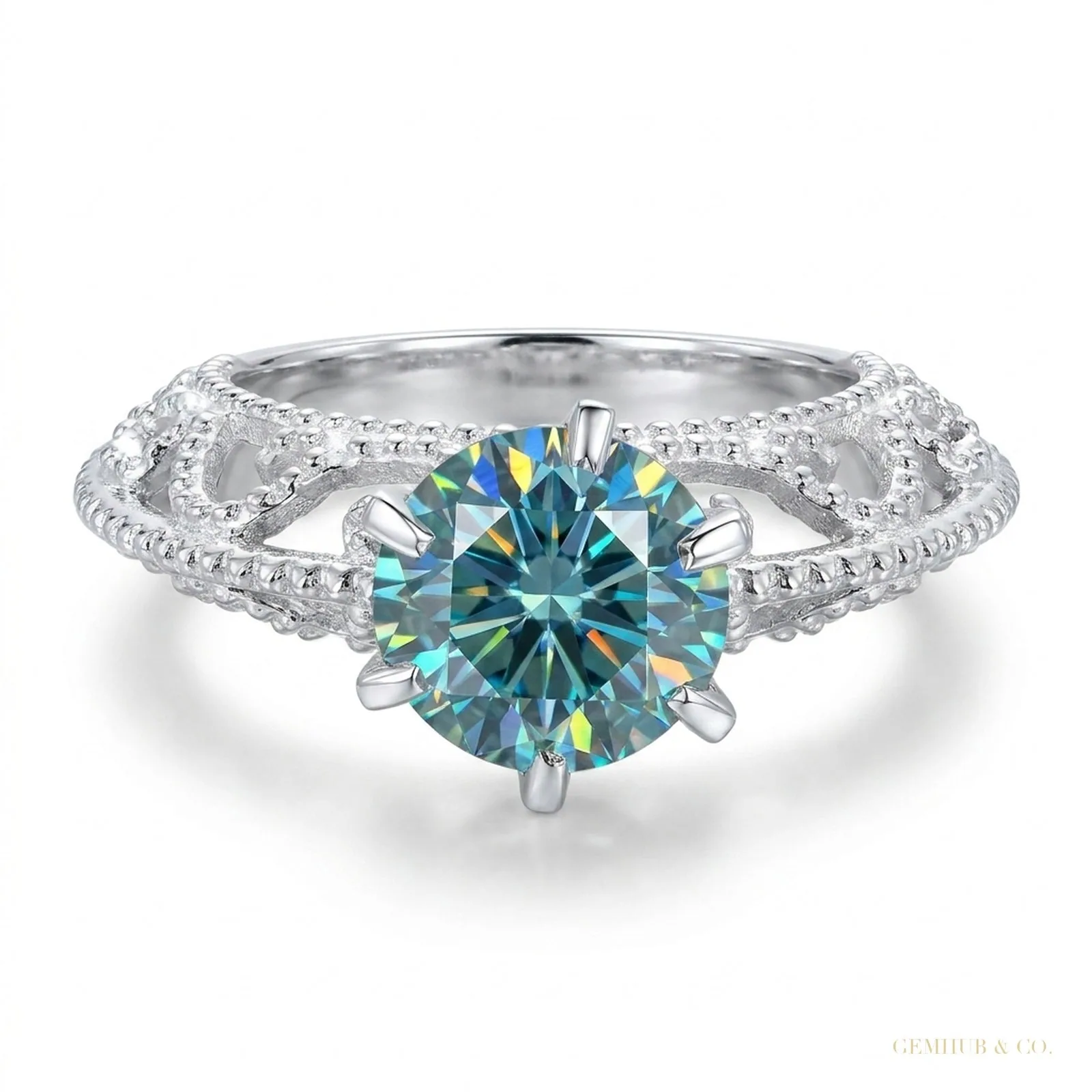 2.90ct DEW Blue Moissanite Round Solitaire Ring | 18K Gold Vermeil | GRA Certified