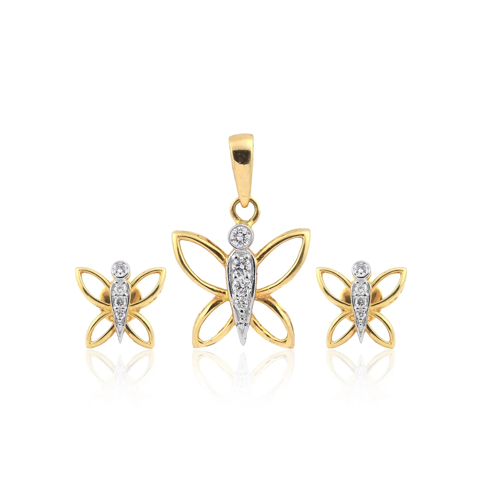 18KT Yellow Gold 0.26 Ct Butterfly Design Natural Diamond Pendant And Earrings
