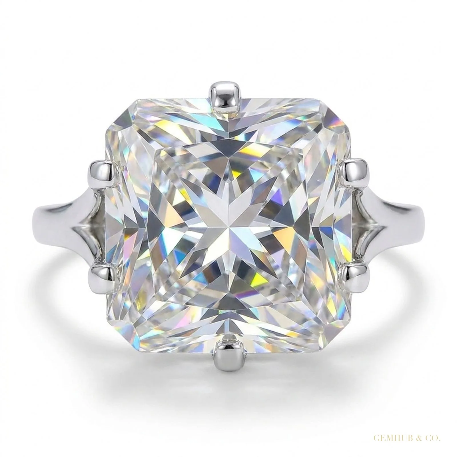 3.25 ct DEW Radiant Cut Off White Treated Moissanite Ring in Certified – 18K Gold Vermeil