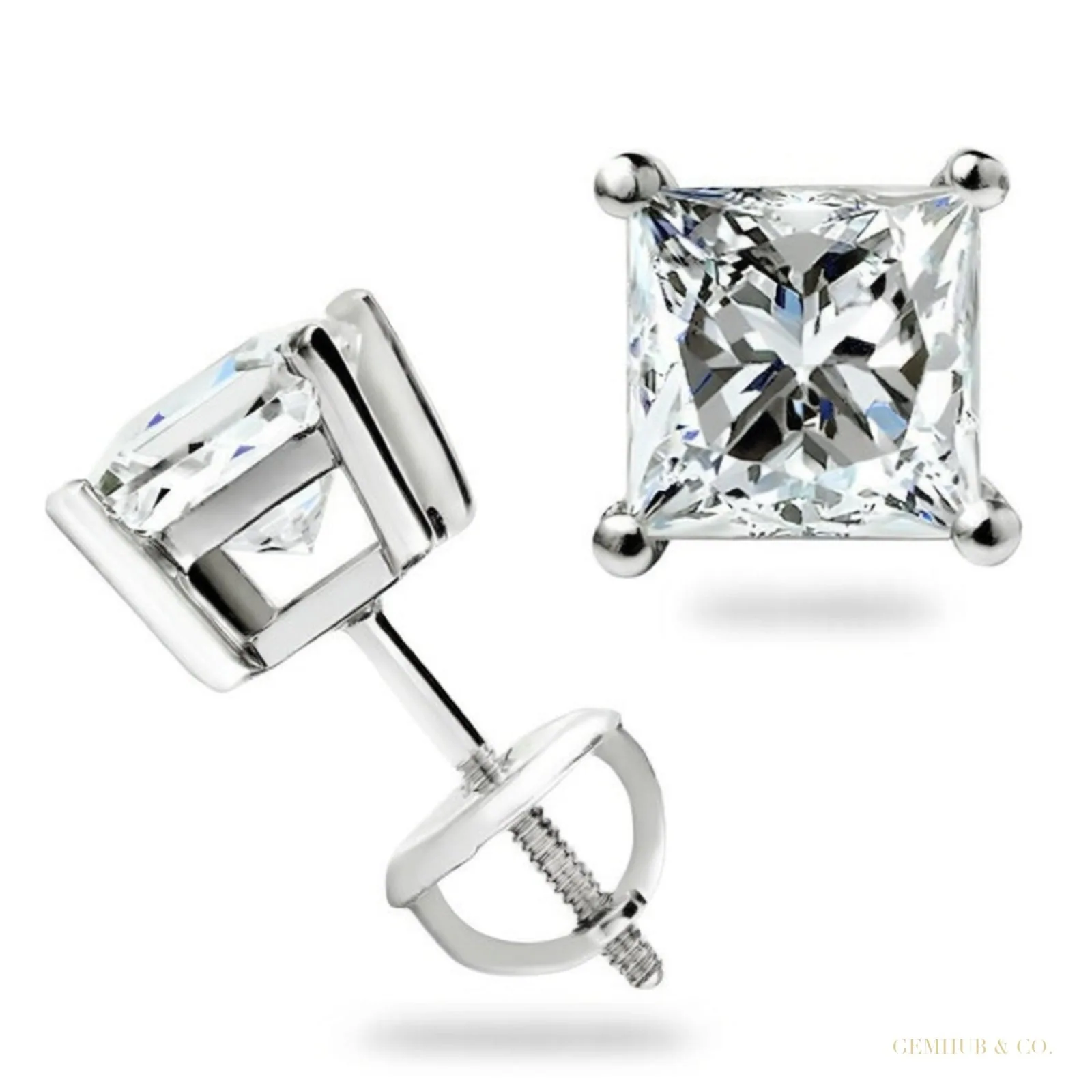 Screw Back Princess Shape Natural Diamond Stud Earrings 4-Prong 14k White Gold