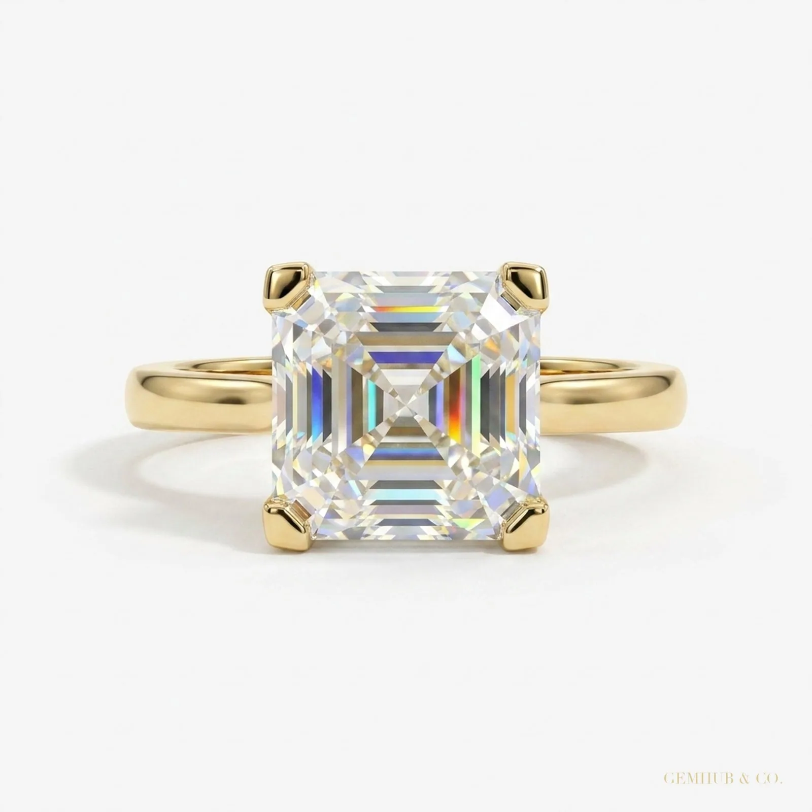 3.70 ct DEW Certified White Moissanite Asscher Cut Solitaire Ring – 18K Gold Vermeil