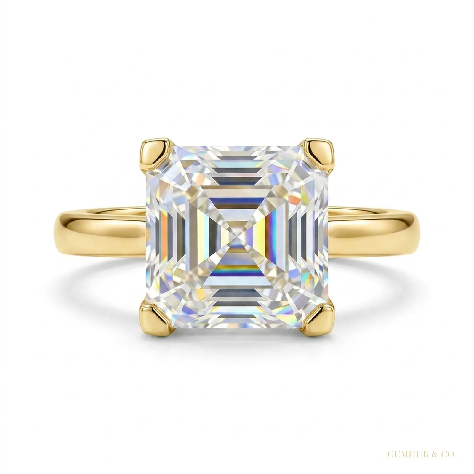 3.70 ct DEW Certified White Moissanite Asscher Cut Solitaire Rings – 18K Gold Vermeil