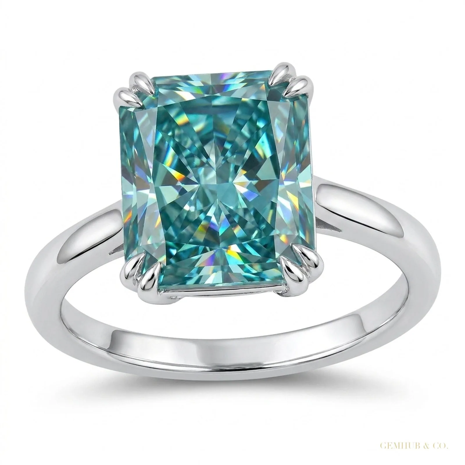3.70 ct DEW Radiant Cut Blue Treated Moissanite Solitaire Ring in WOW – 18K Gold Vermeil