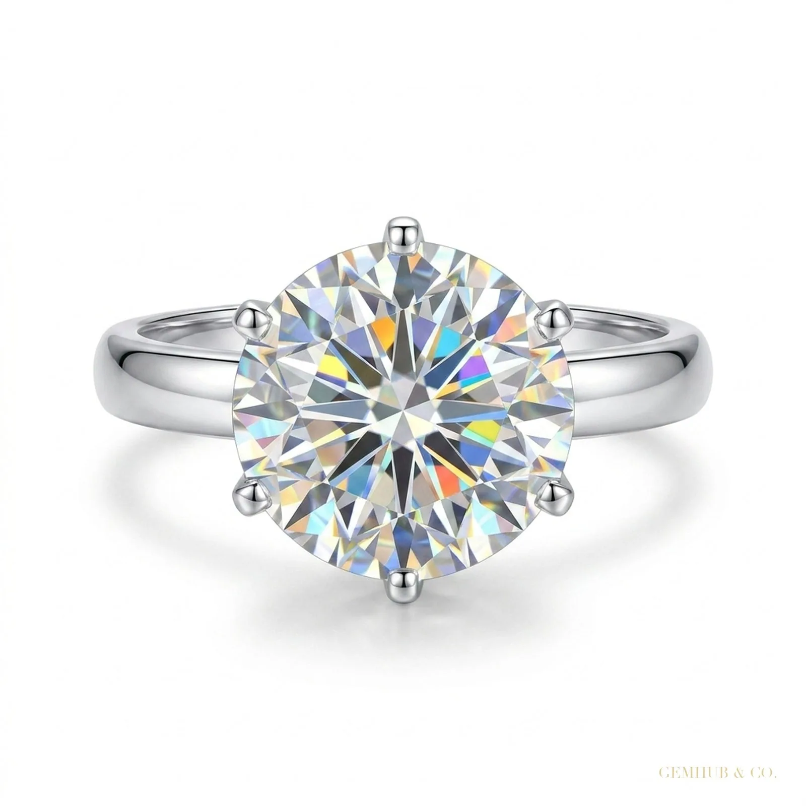 3.70 ct DEW Round Cut Off White Treated Moissanite Ring – Certified – 18K Gold Vermeil