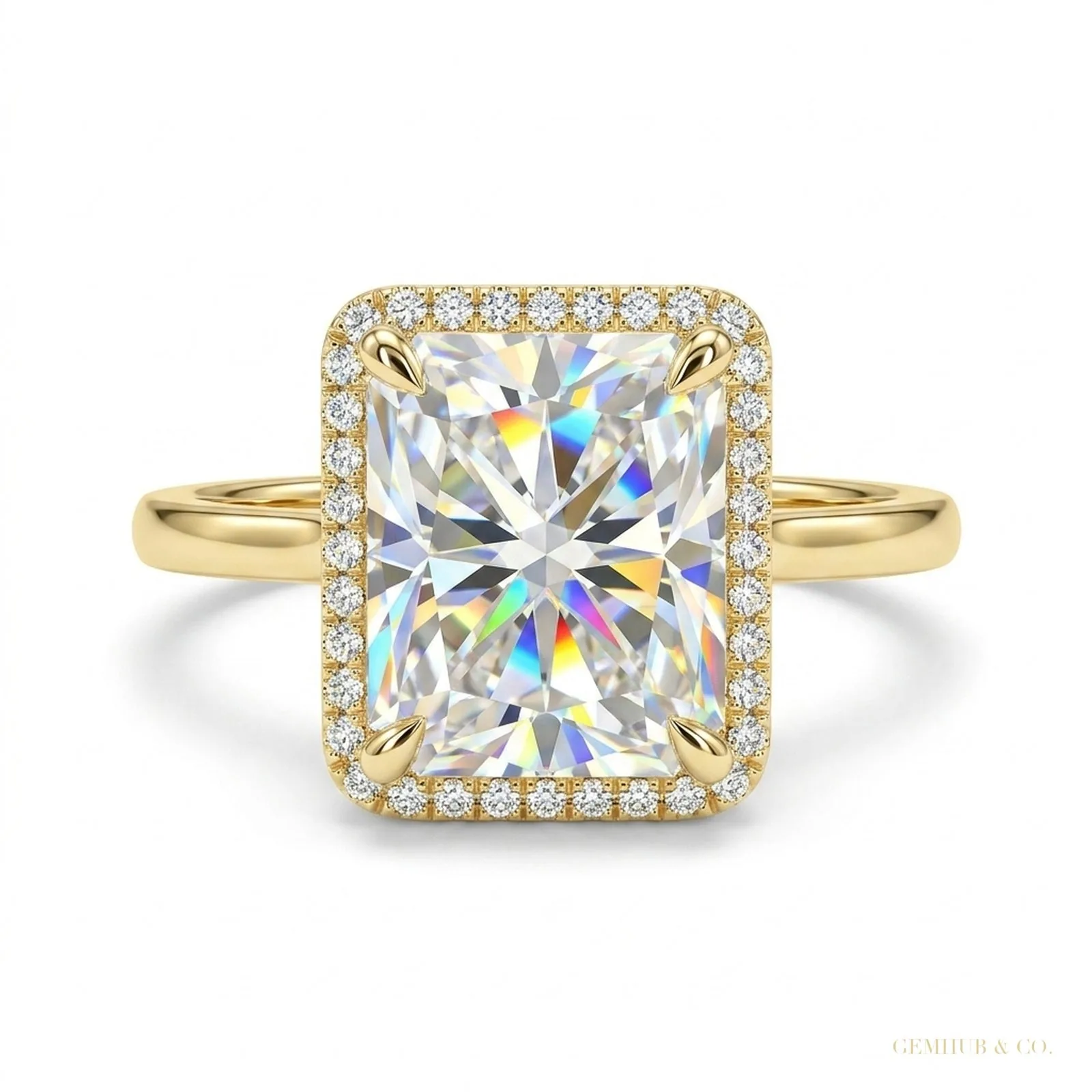 3.90 ct DEW Radiant Cut Off White Moissanite Ring – Summer Gift – 18K Gold Vermeil