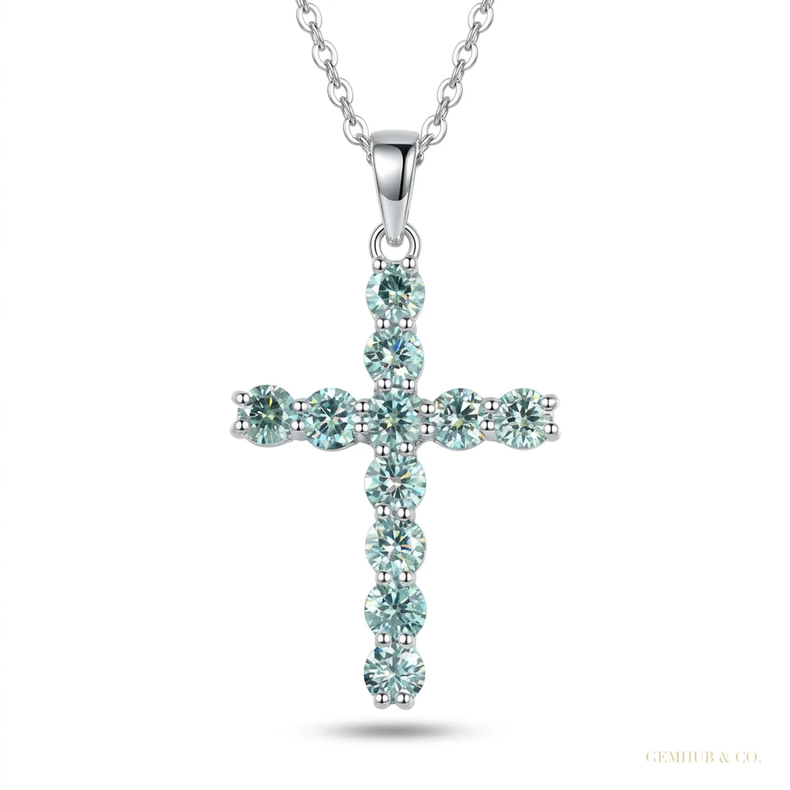 3.00 ct DEW Certified Round Cut Blue Moissanite Plus-Shape Vermeil 925 Silver Pendant