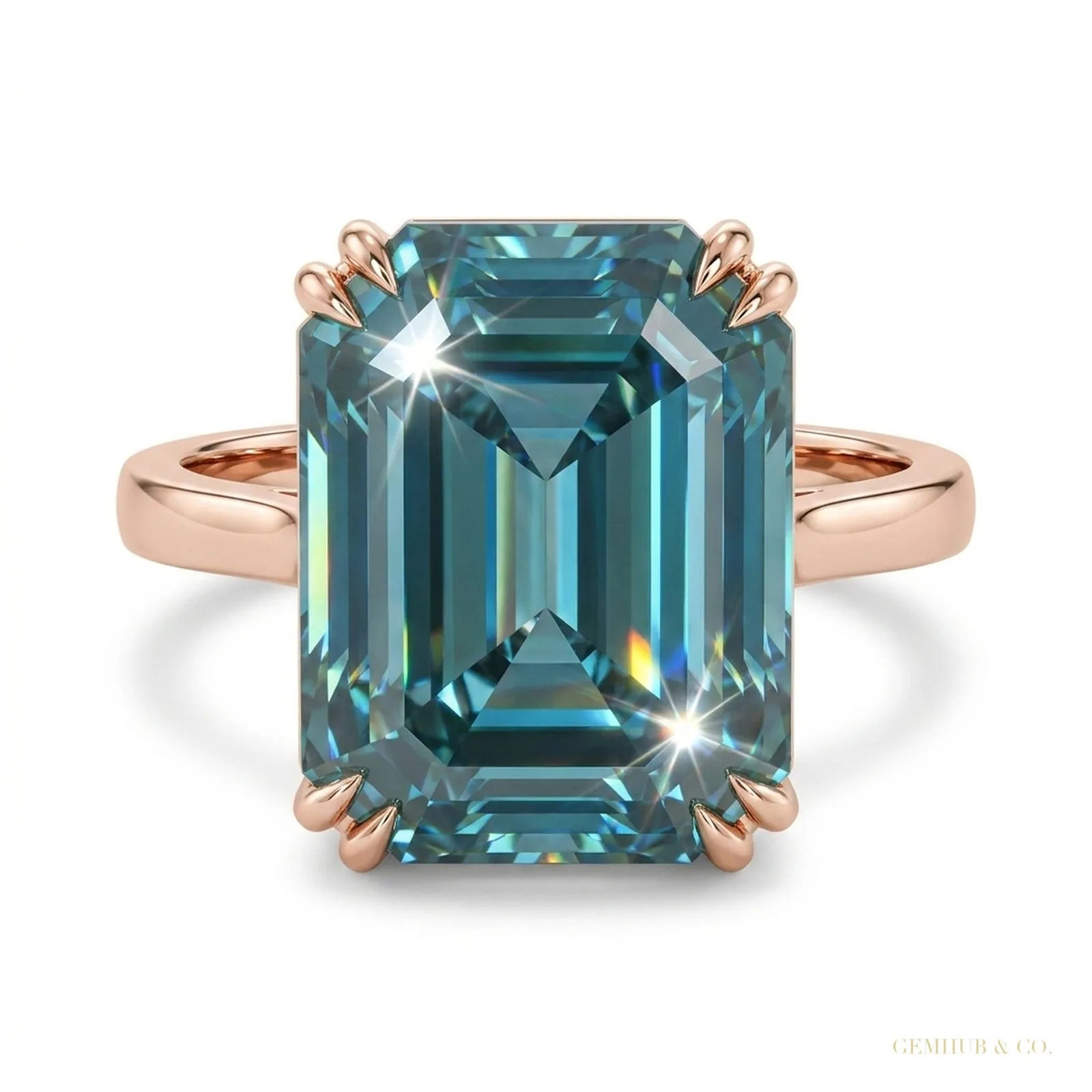 35.20 ct DEW Emerald Cut Blue Moissanite Ring in Solitaire Certified – 18K Gold Vermeil