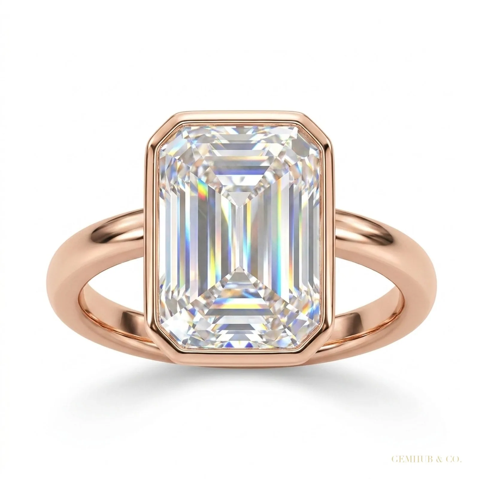 4.50 ct DEW Emerald Cut Off White Moissanite Ring in Certified Shine – 18K Gold Vermeil
