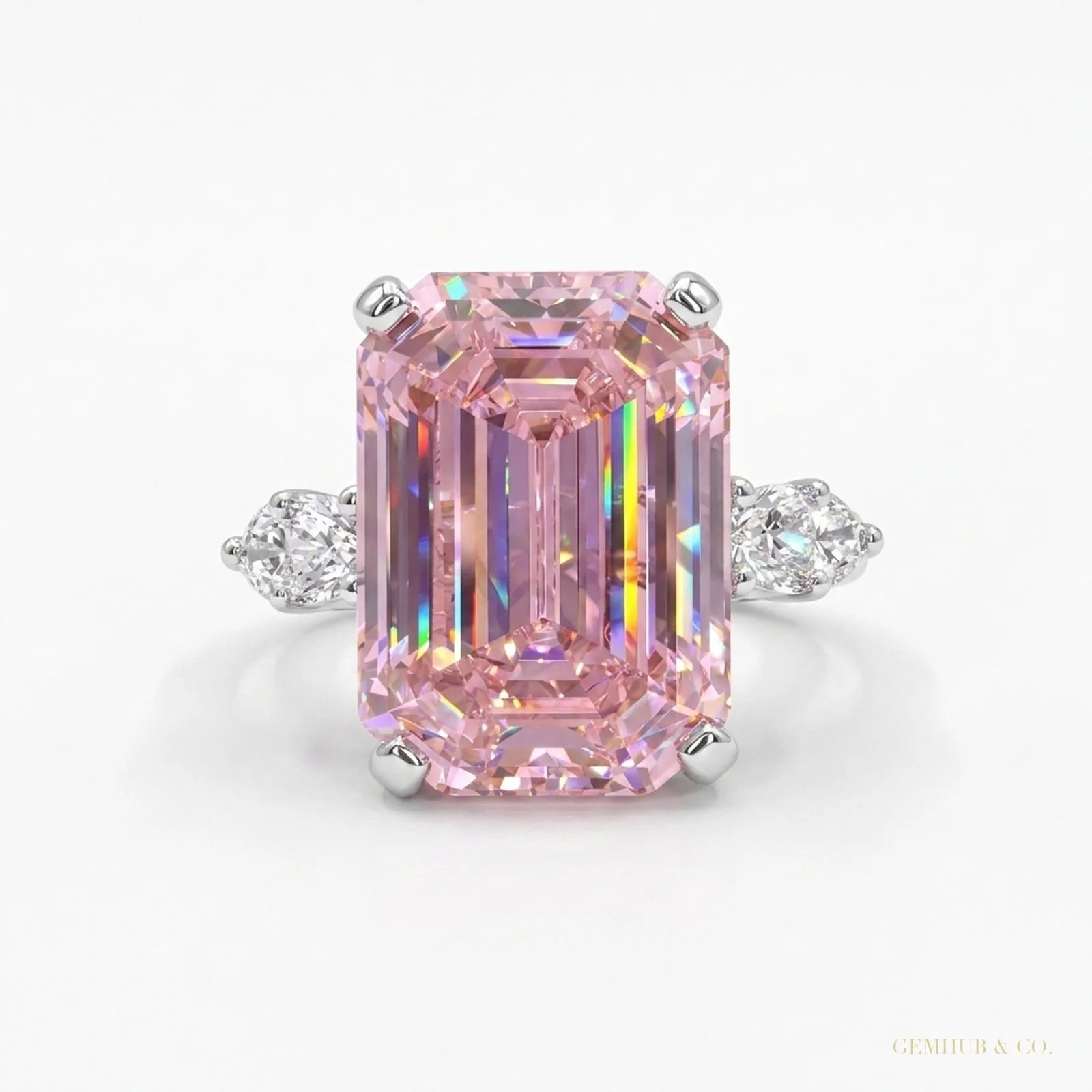 4.70 ct DEW Pink Moissanite Emerald Cut Ring – Wedding Gift for Her – 18K Gold Vermeil