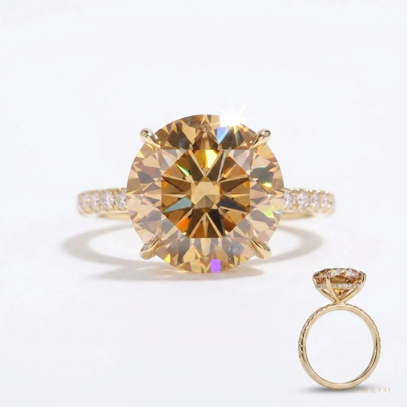 4 ct DEW Certified Round Cut Champagne Moissanite Ring With Accents Wedding 18K Gold Plated