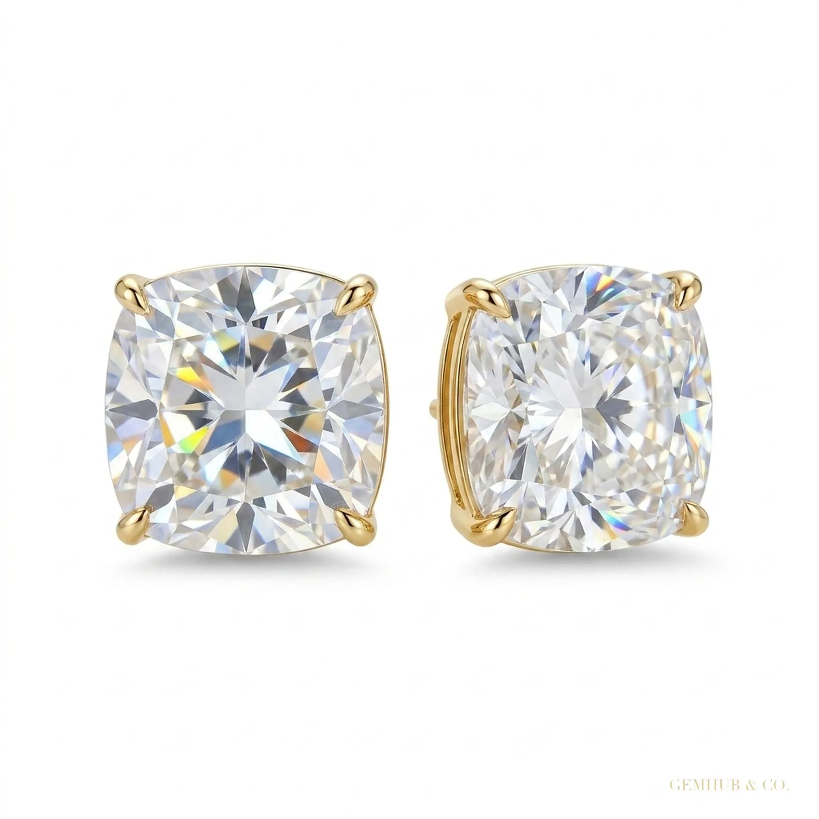 4 ct DEW Certified Cushion Cut Moissanite Solitaire Studs In Stering Gold Vermeil