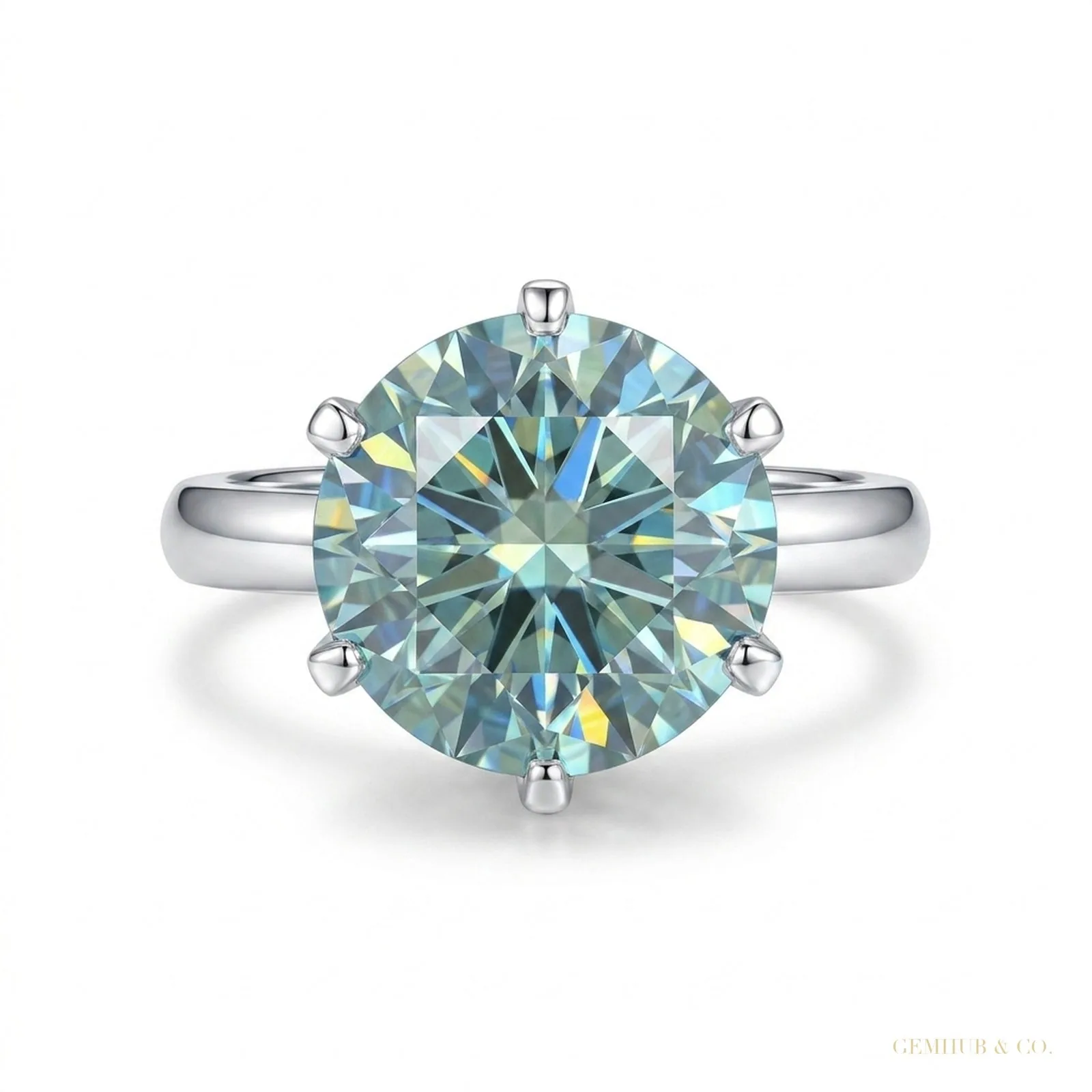 5.45 ct DEW Blue Round Moissanite Solitaire Ring in 18K Gold Plated