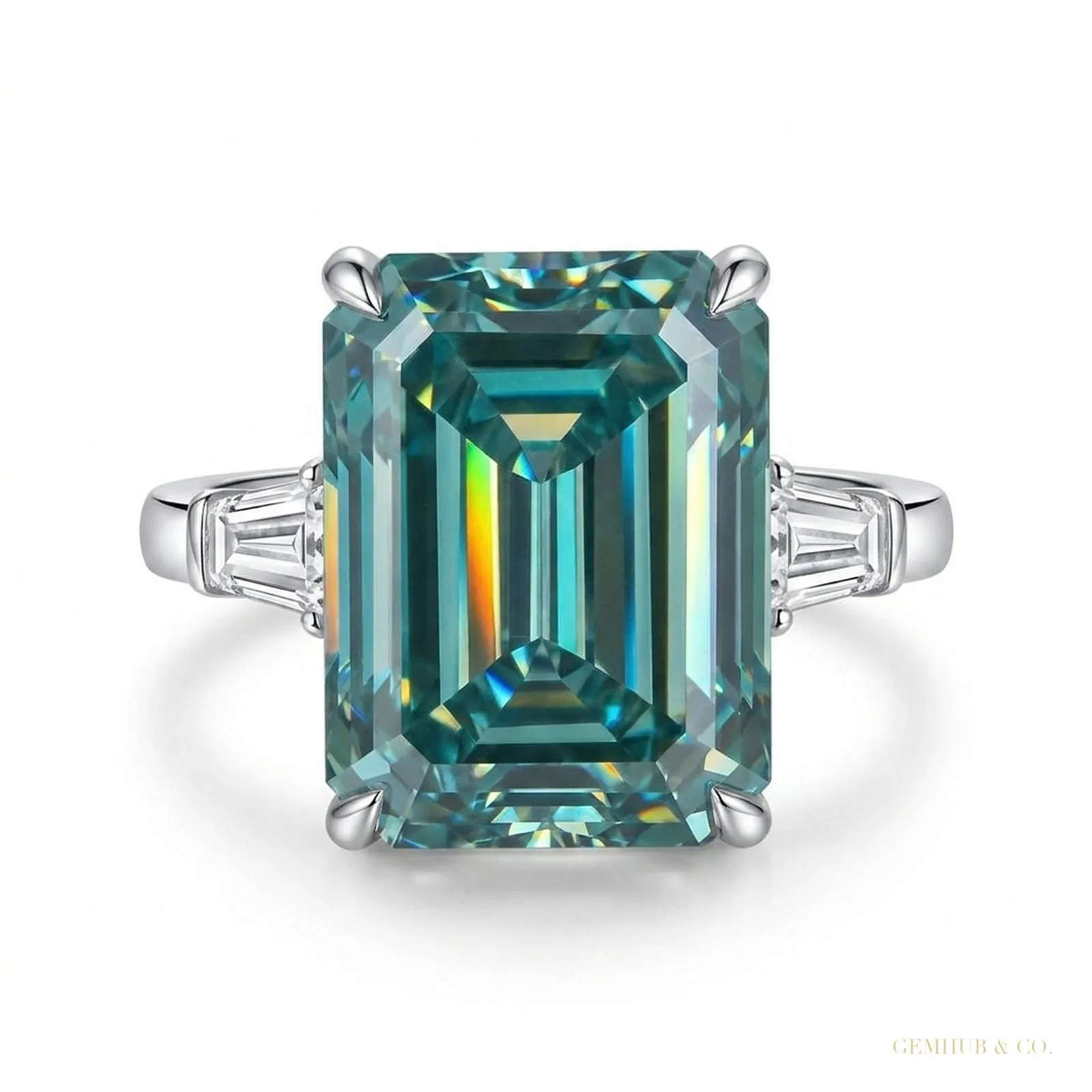 5.85 ct DEW Emerald Cut Blue Moissanite Ring In With Certificate – 18K Gold Vermeil