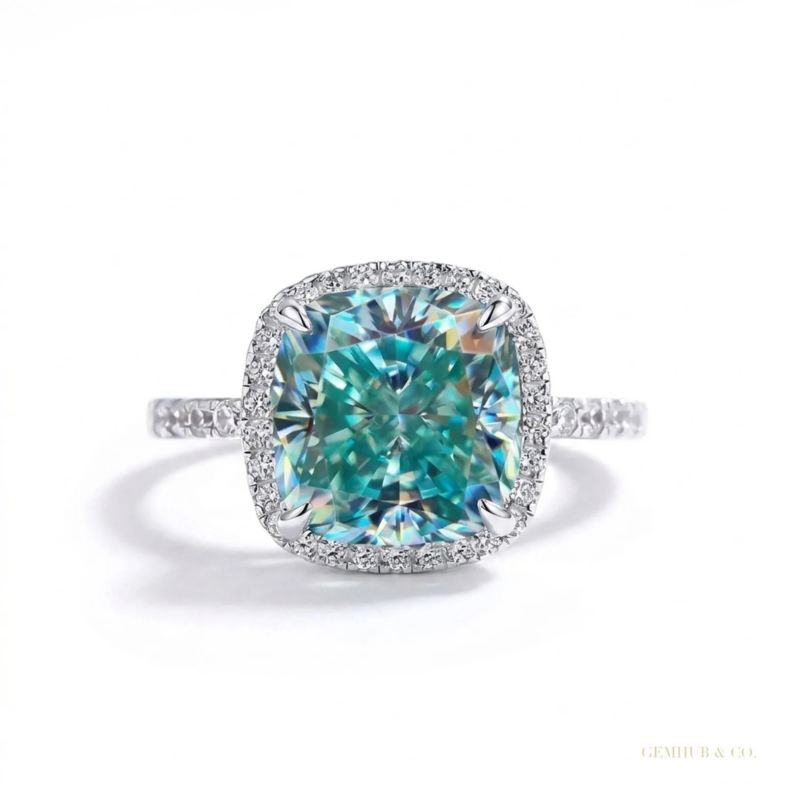 5.90 ct DEW Cushion Cut Blue Treated Moissanite Solitaire Ring in WOW – 18K Gold Vermeil
