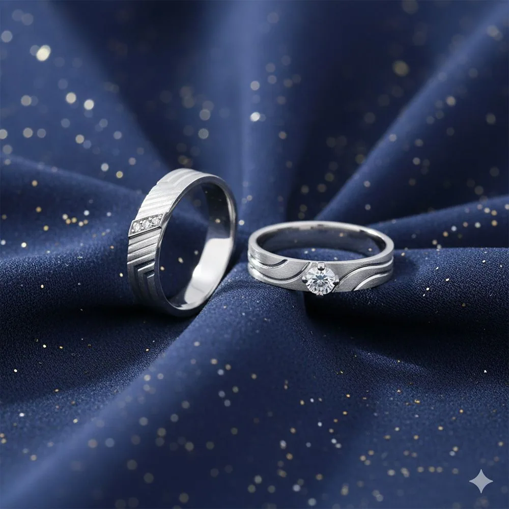Minimalist Diamond and Platinum Couple Bands - view 3