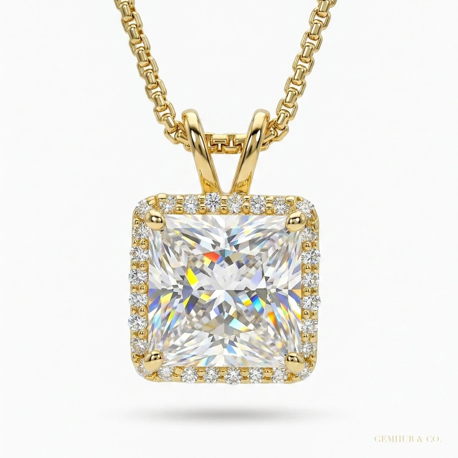 6.50 ct DEW Princess Cut White Moissanite Solitaire Pendant Gold Vermeil Certified