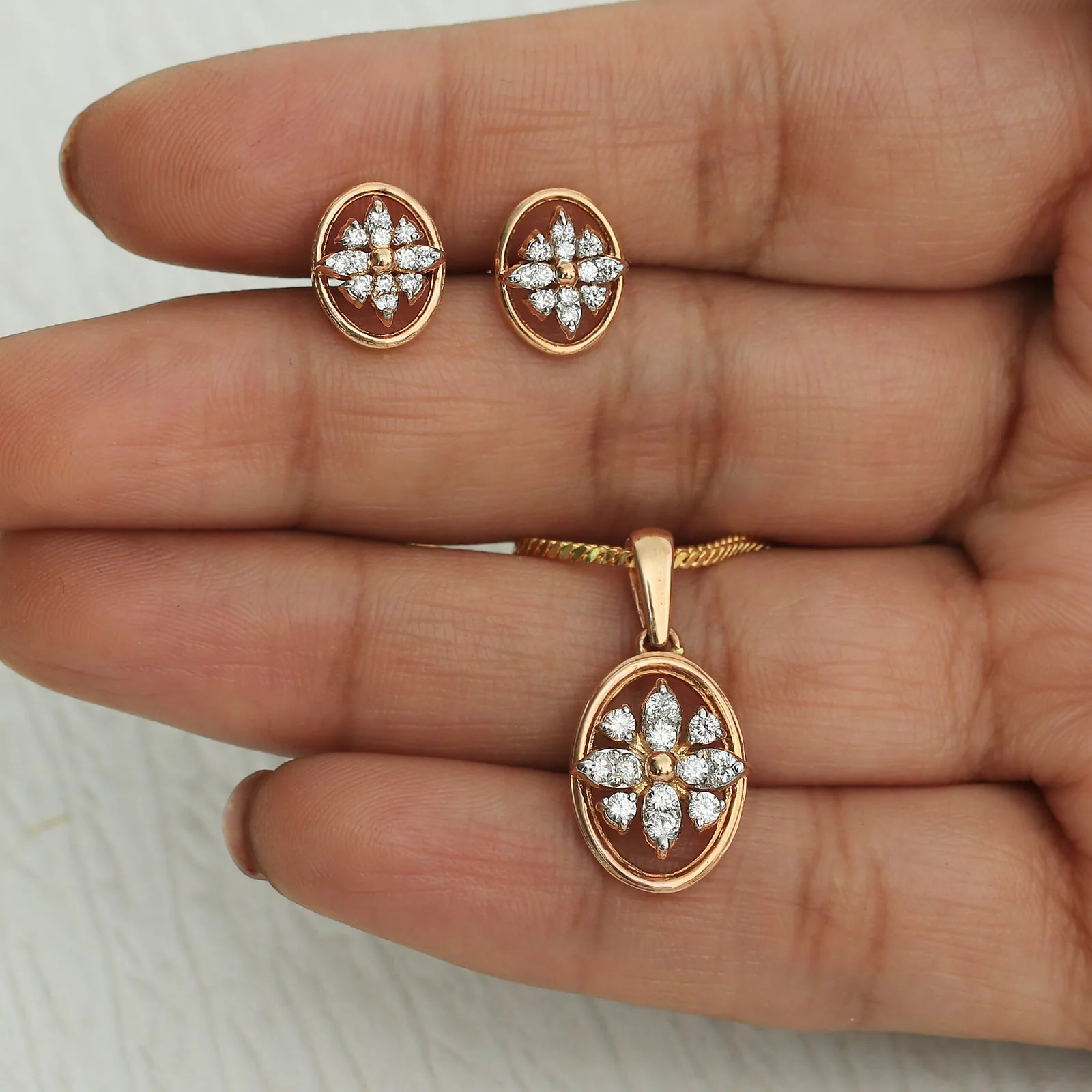 0.58 Ct.18KT Rose Gold Pendant And Earrings Set with Natural Diamonds, IGI Cert - view 2