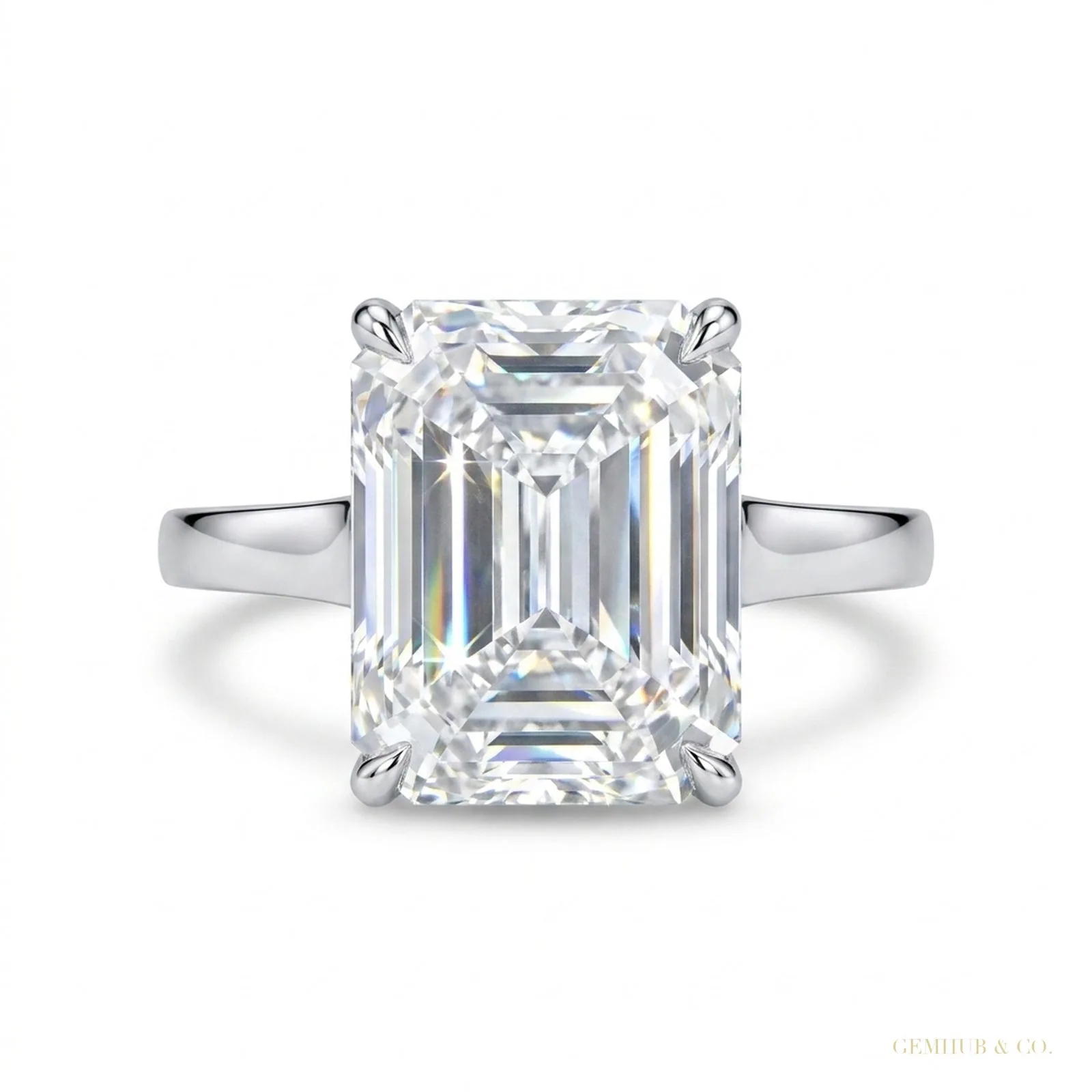 7.10 Cts Certified Emerald Cut Solitaire White Moissanite Ring – 18K Gold Vermeil