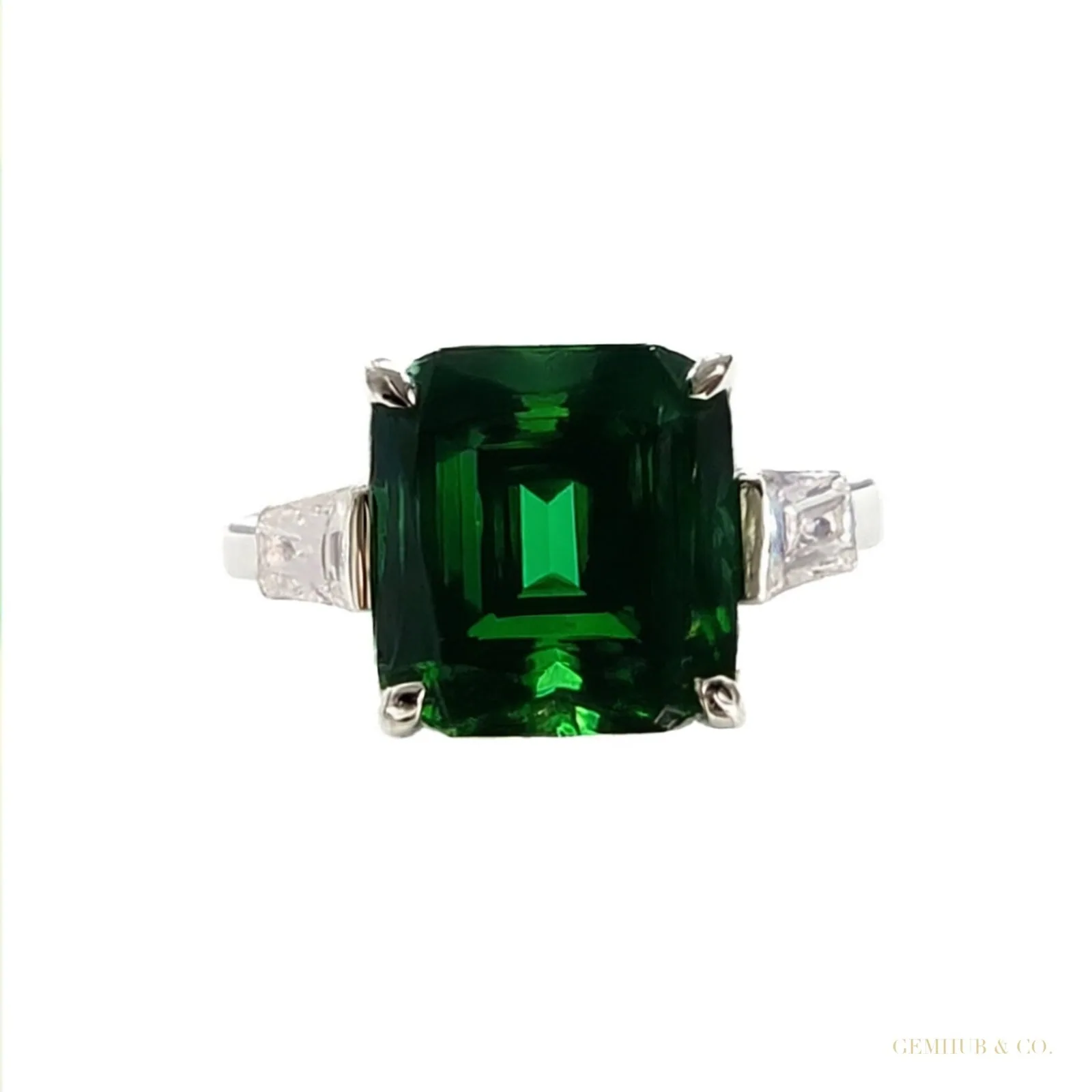 7.30 ct DEW Certified Blue Moissanite Emerald Cut Solitaire Ring – 18K Gold Vermeil