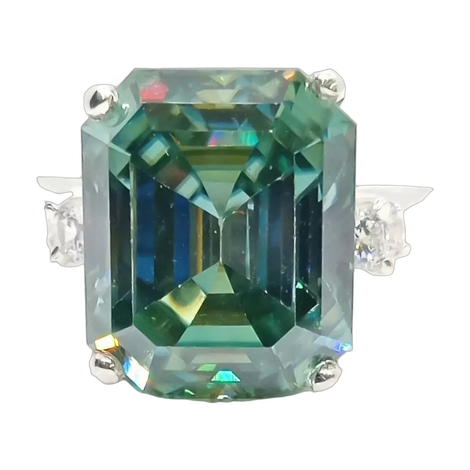 7.8ct DEW Blue Moissanite Emerald Solitaire Ring