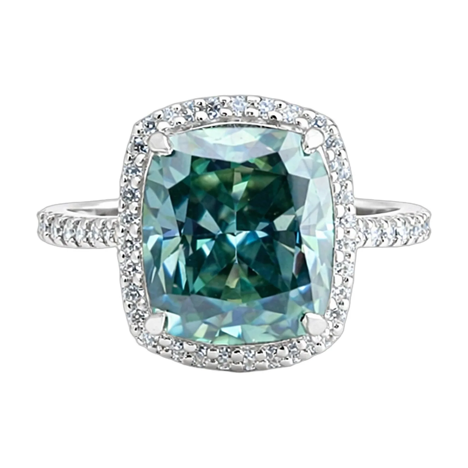 7.0ct DEW Blue Moissanite Cushion Solitaire Ring