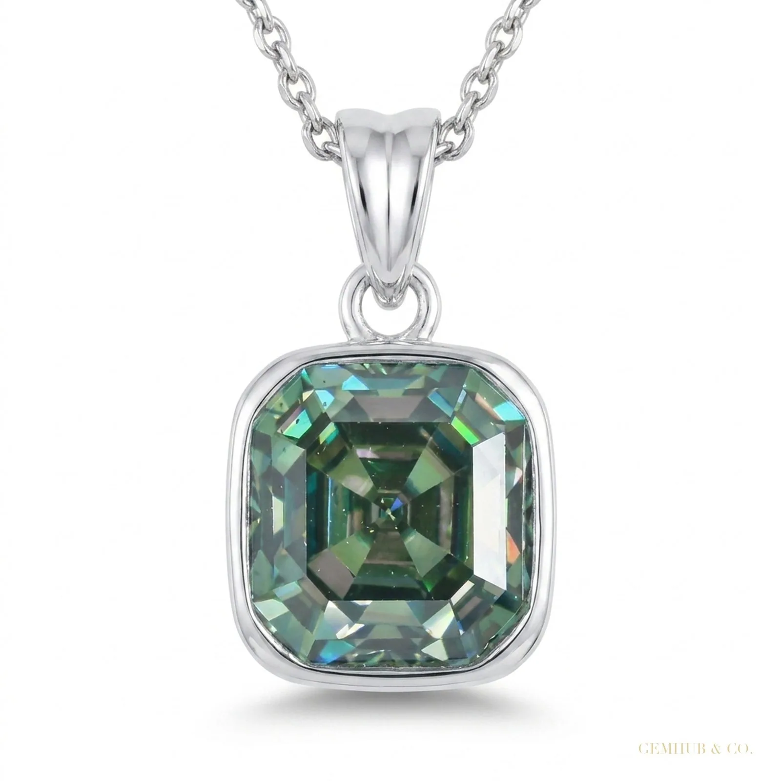 7 ct DEW Certified Blue Moissanite Solitaire Asscher Cut Pendant In Gold Vermeil