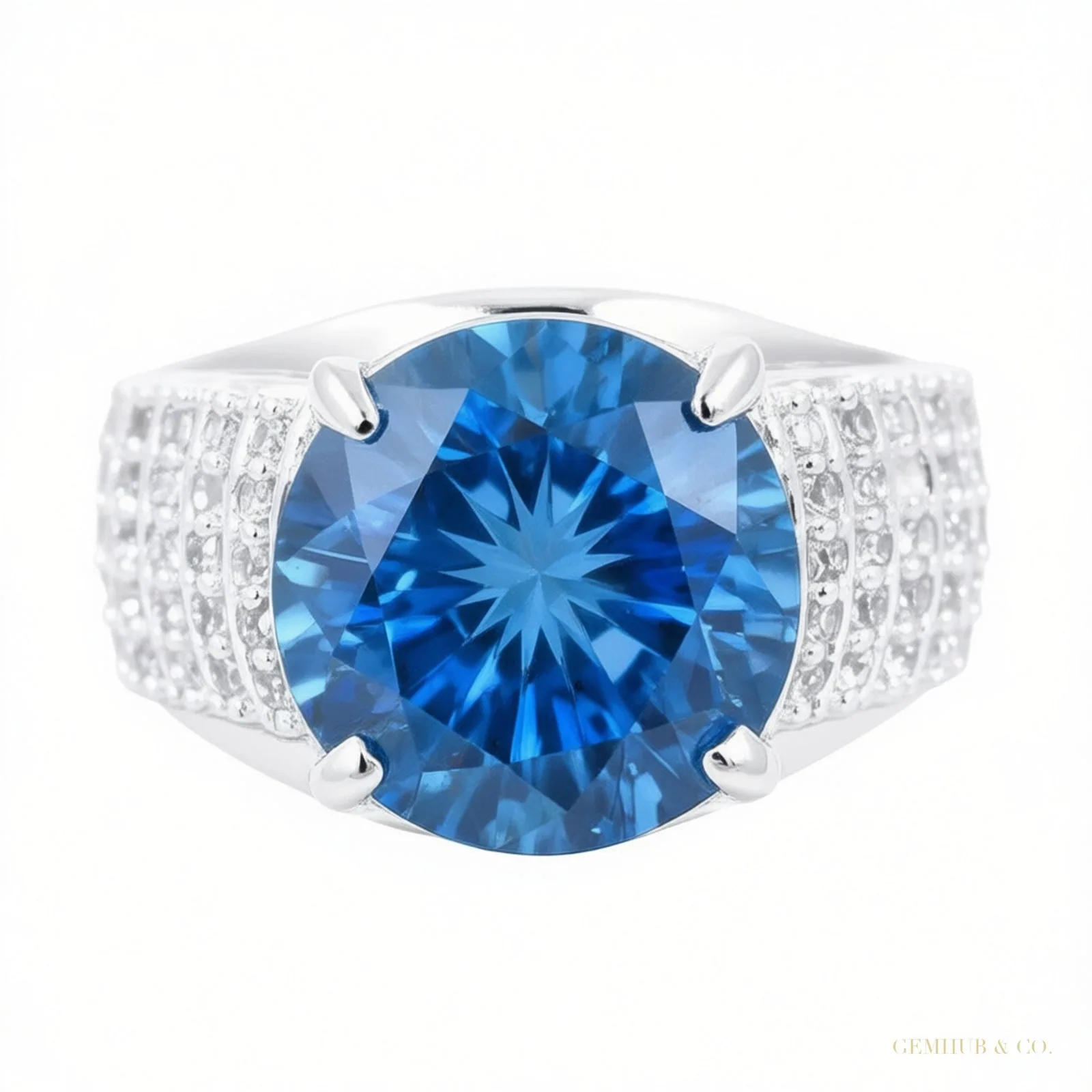 8.55 ct DEW Certified Round Cut Blue Moissanite Solitaire Ring 18K Gold Plated