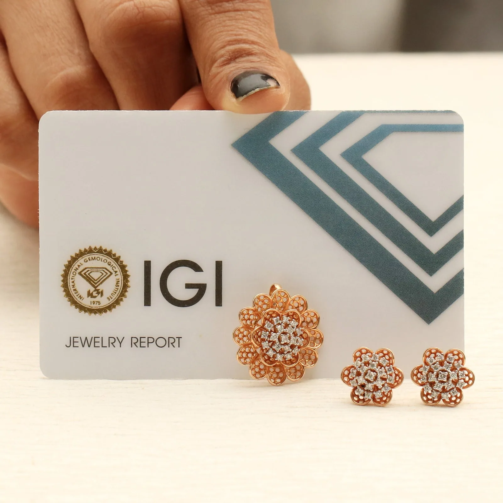 0.59 Ct. IGI Certified 18KT Rose Gold Natural Diamond Pendant And Earrings Set - view 8
