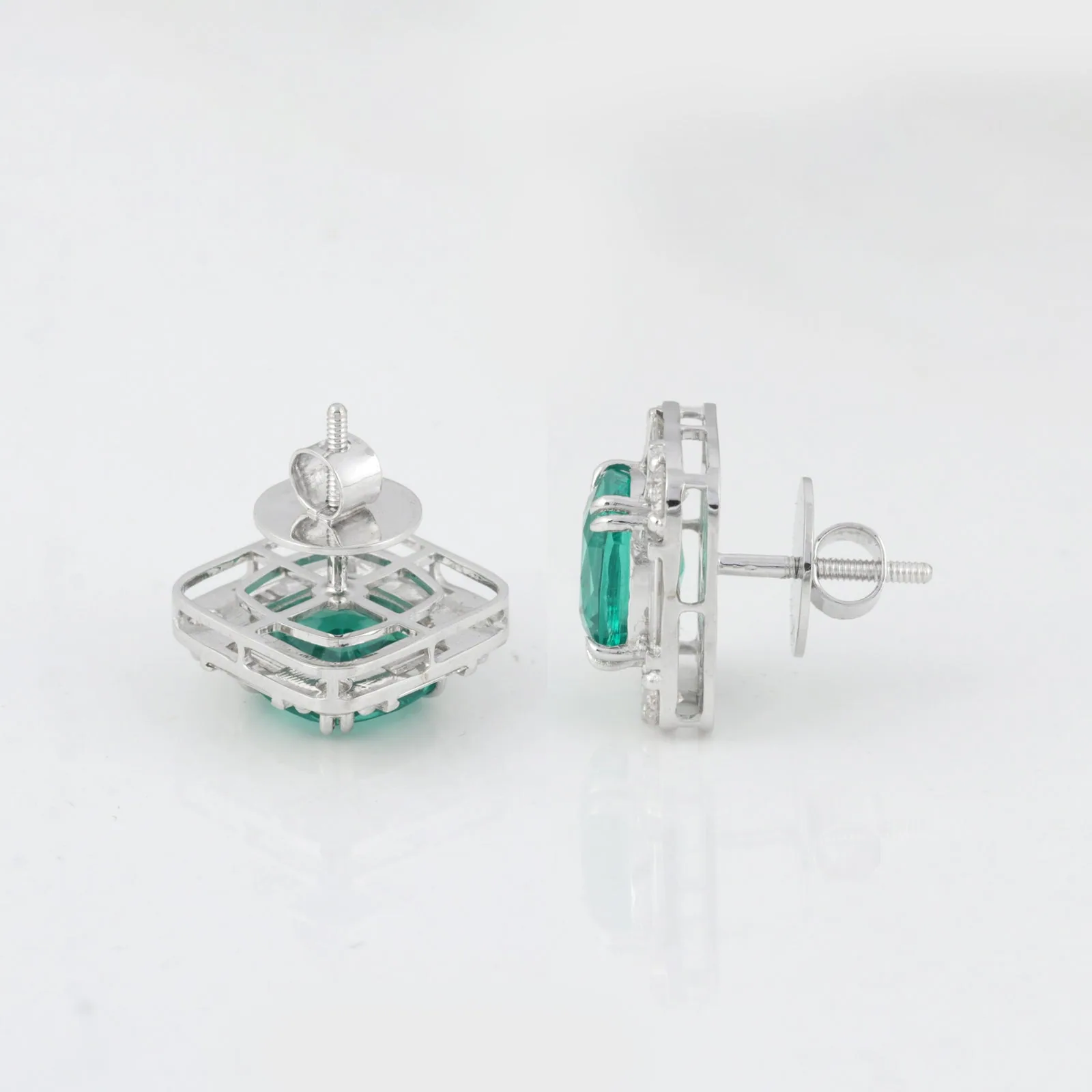 Lab Grown Emerald Asscher-Cut Earrings with Diamond Accents — 14K/18K Solid Gold - view 3