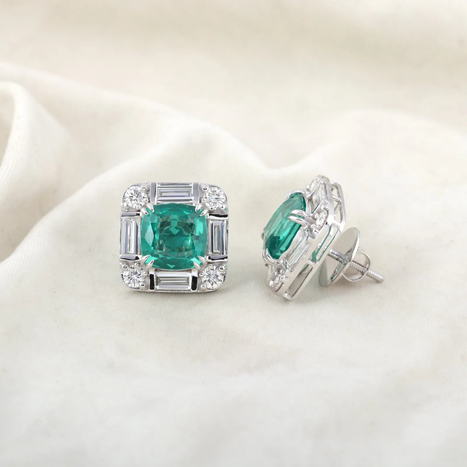 Lab Grown Emerald Asscher-Cut Earrings with Diamond Accents — 14K/18K Solid Gold - view 4