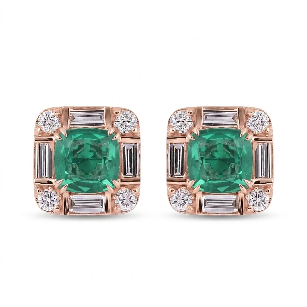 Lab Grown Emerald Asscher-Cut Earrings with Diamond Accents — 14K/18K Solid Gold - view 8