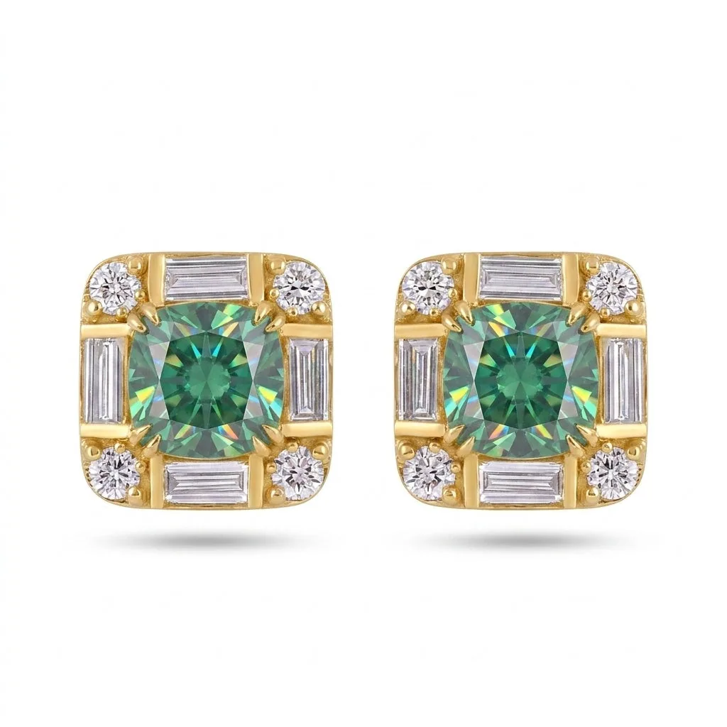 Lab Grown Emerald Asscher-Cut Earrings with Diamond Accents — 14K/18K Solid Gold - view 7
