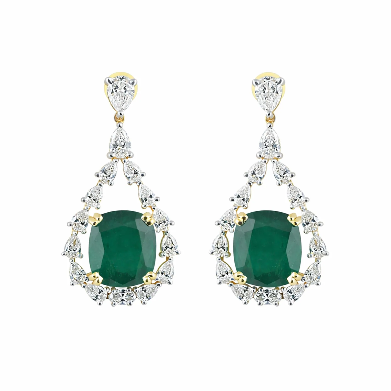 IGI Lab Grown Emerald & Diamond Oval Drop Earrings — Solid Gold, Halo Cluster
