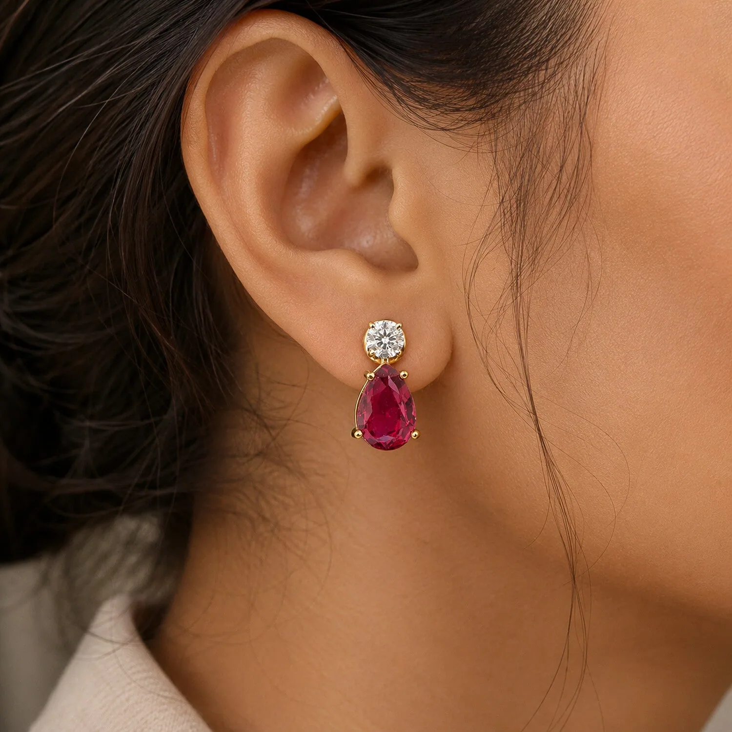 Lab Grown Ruby Pear Drop Earrings — Solid 18K Gold, IGI Certified - view 5