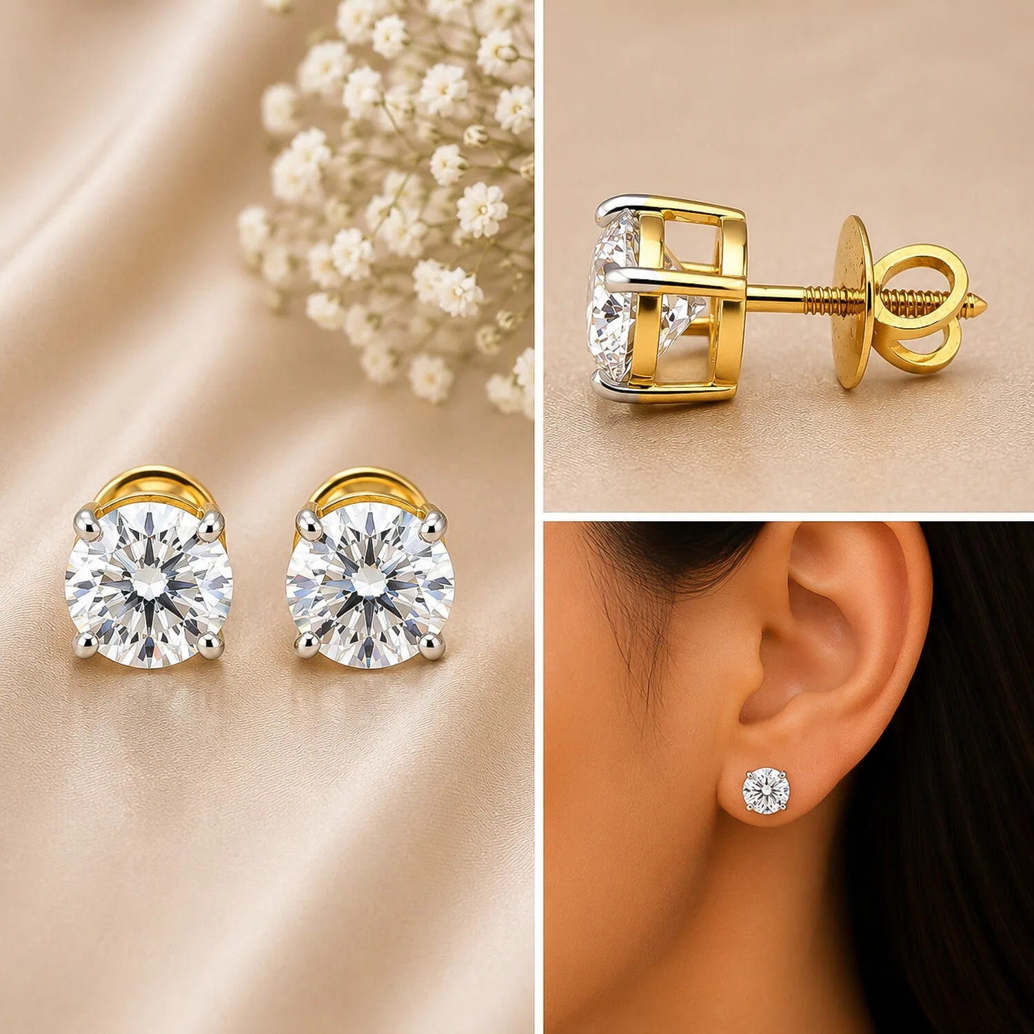 IGI Certified Lab Grown Diamond Solitaire Round Stud Earrings — 2ct VVS/E, Solid 18K Gold