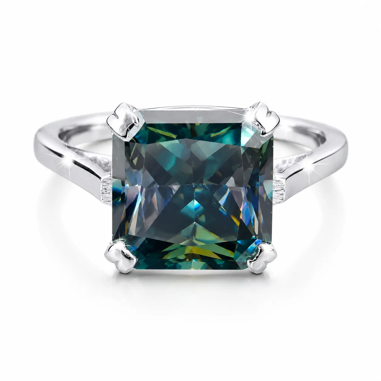 7.5 ct DEW Blue Moissanite Asscher Solitaire Ring – 18K Gold Vermeil on 925 Sterling Silver