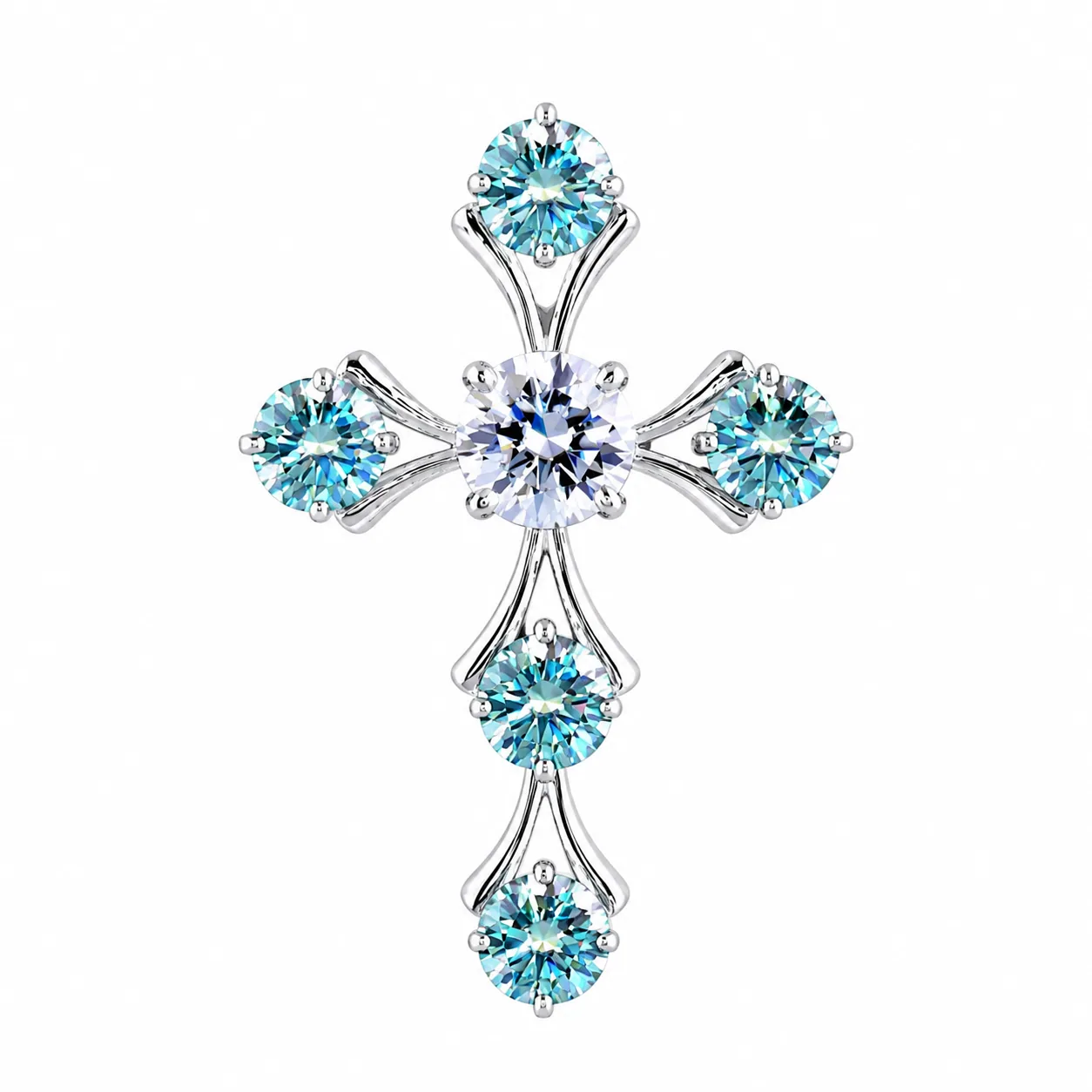 5.00 ct DEW Round Cut Blue & White Moissanite In Gold Vermeil Plus-Shape Necklace