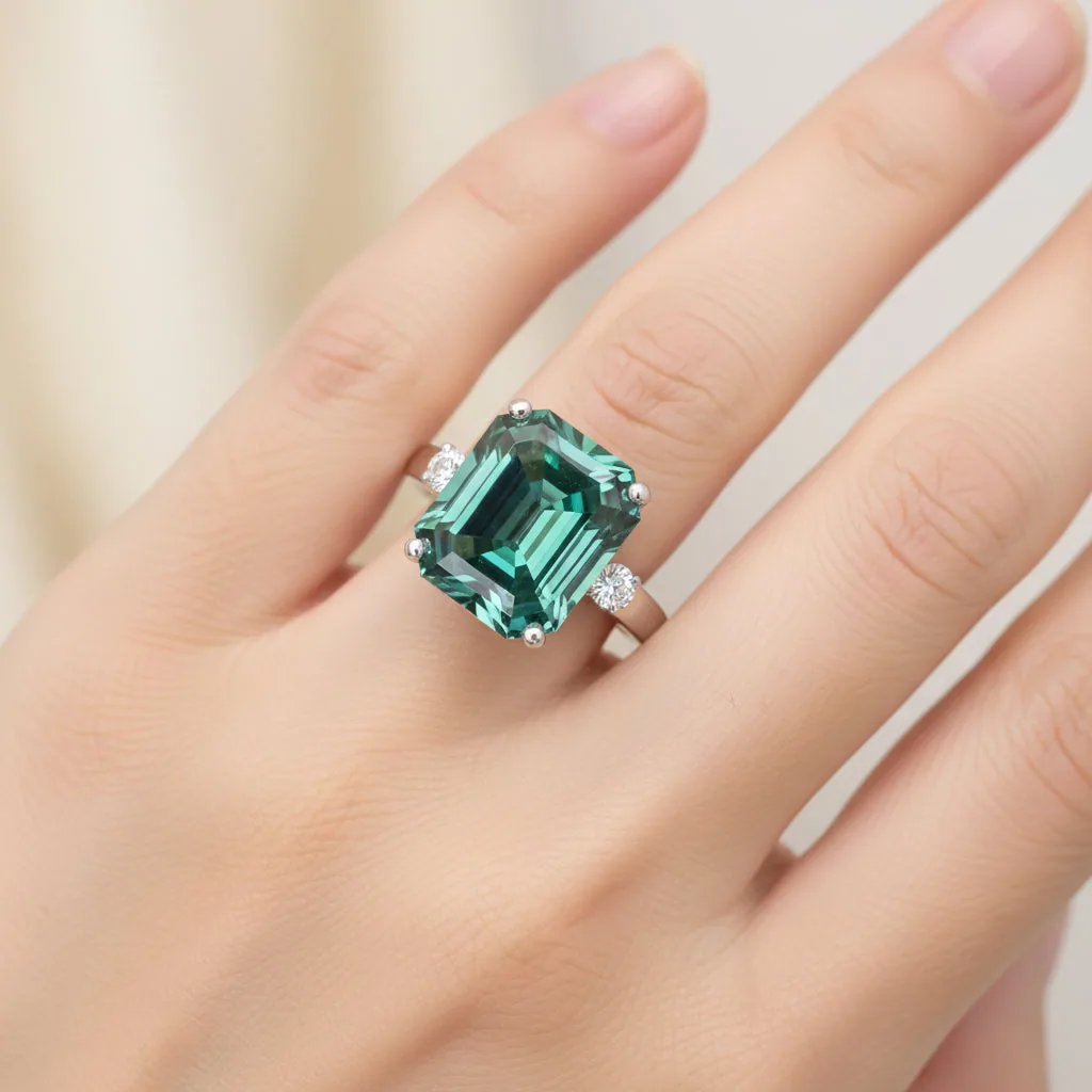 7.8ct DEW Blue Moissanite Emerald Solitaire Ring - view 2