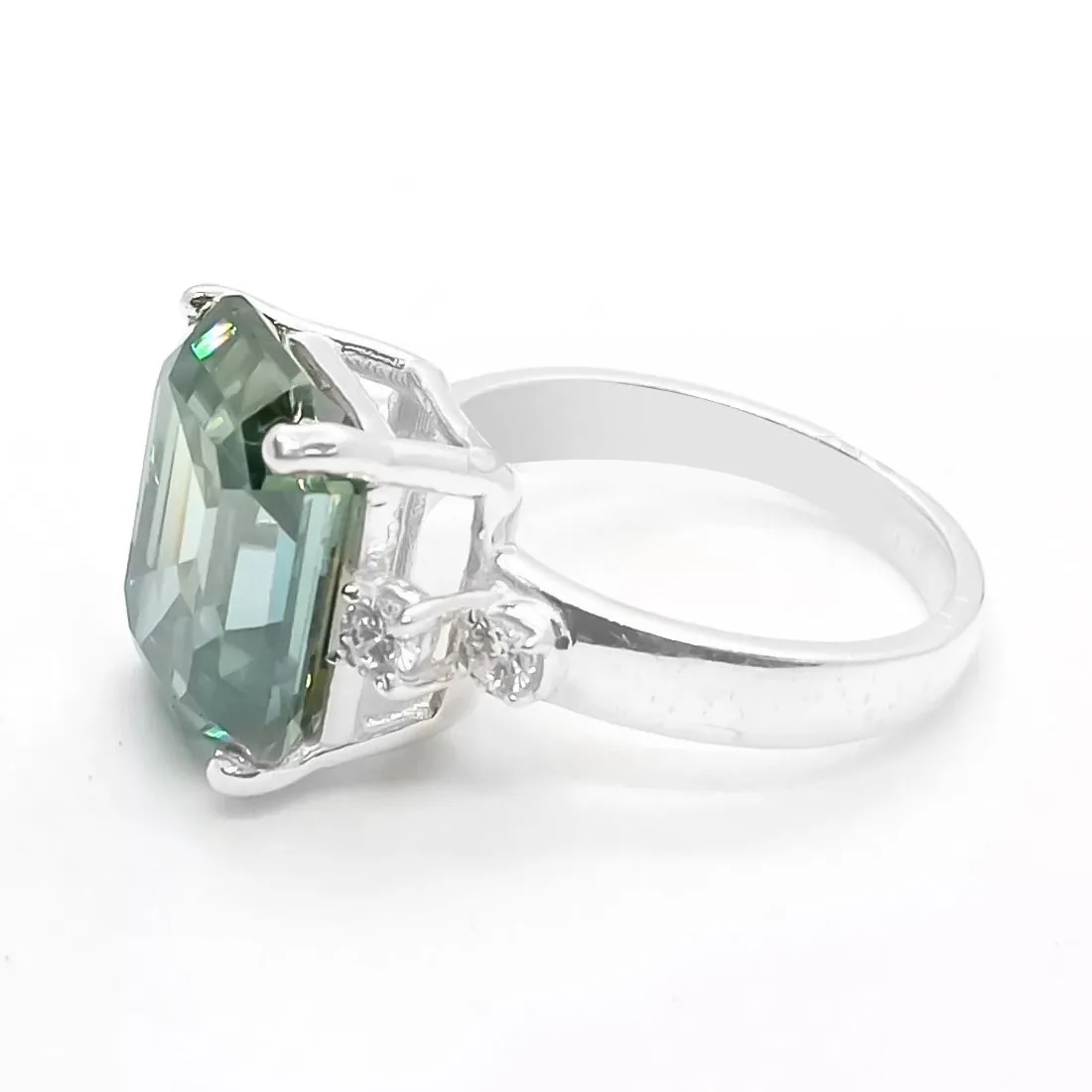 7.8ct DEW Blue Moissanite Emerald Solitaire Ring - view 4