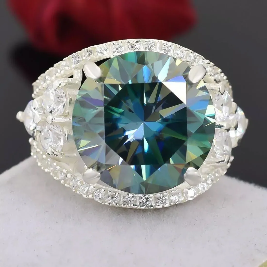 16.10 ct DEW Certified Treated Blue Moissanite Solitaire Ring In Gold Vermeil - view 4