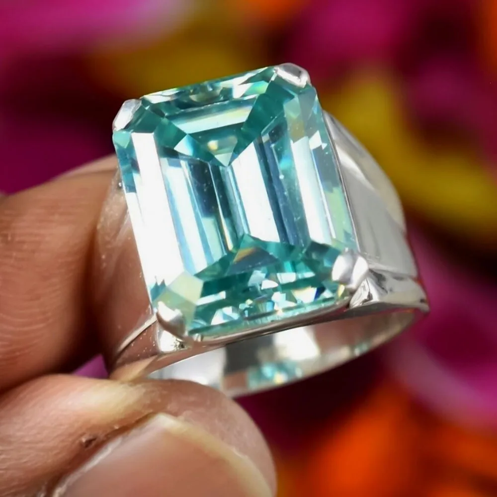 9.5ct DEW Blue Moissanite Emerald Solitaire Ring - view 4