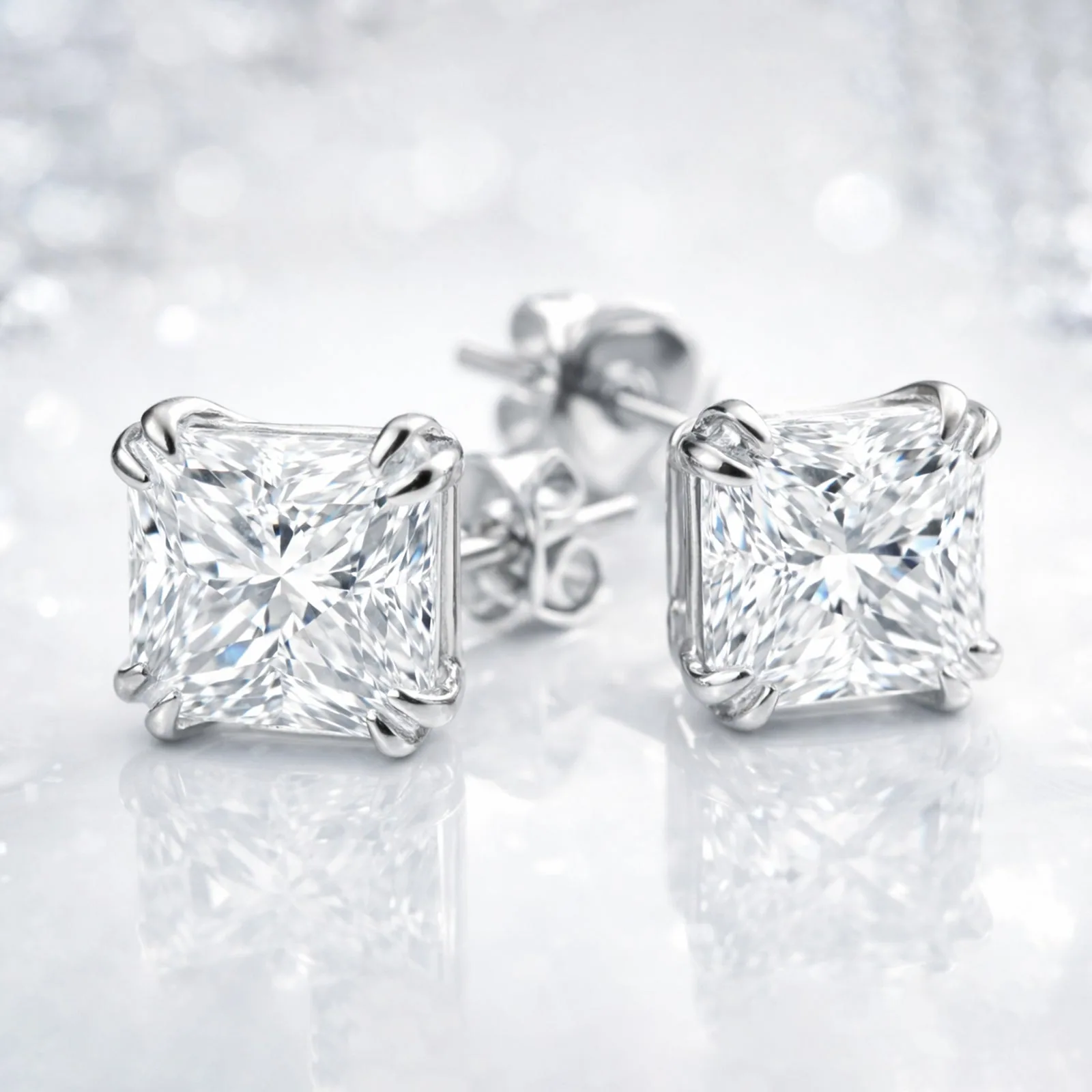 6.00 ct DEW Princess Cut Certified Moissanite Studs in Gold Vermeil For Wife - view 6