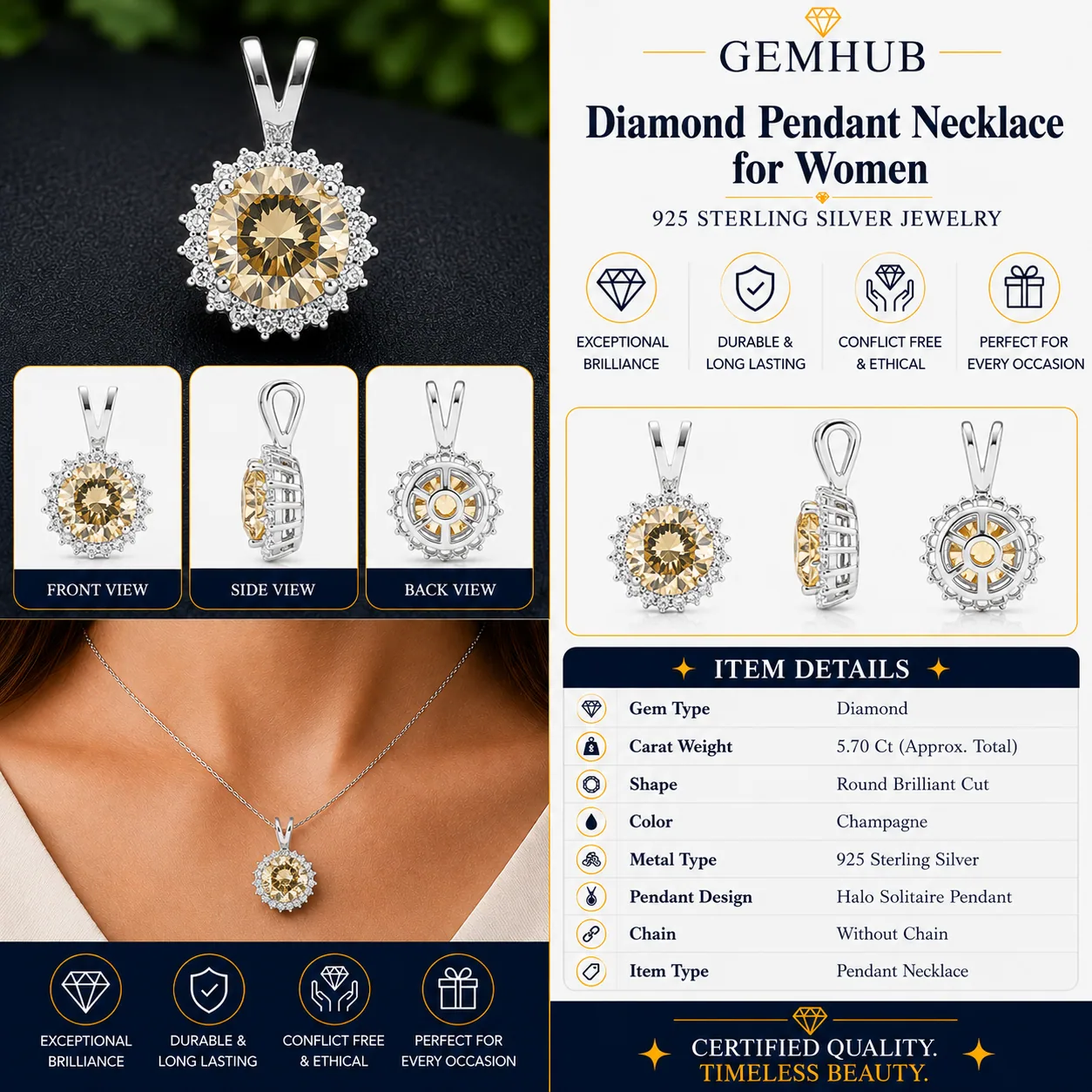 5.70 ct DEW Champagne Moissanite Pendant in Gold Vermeil Certified for Her Gift - view 6
