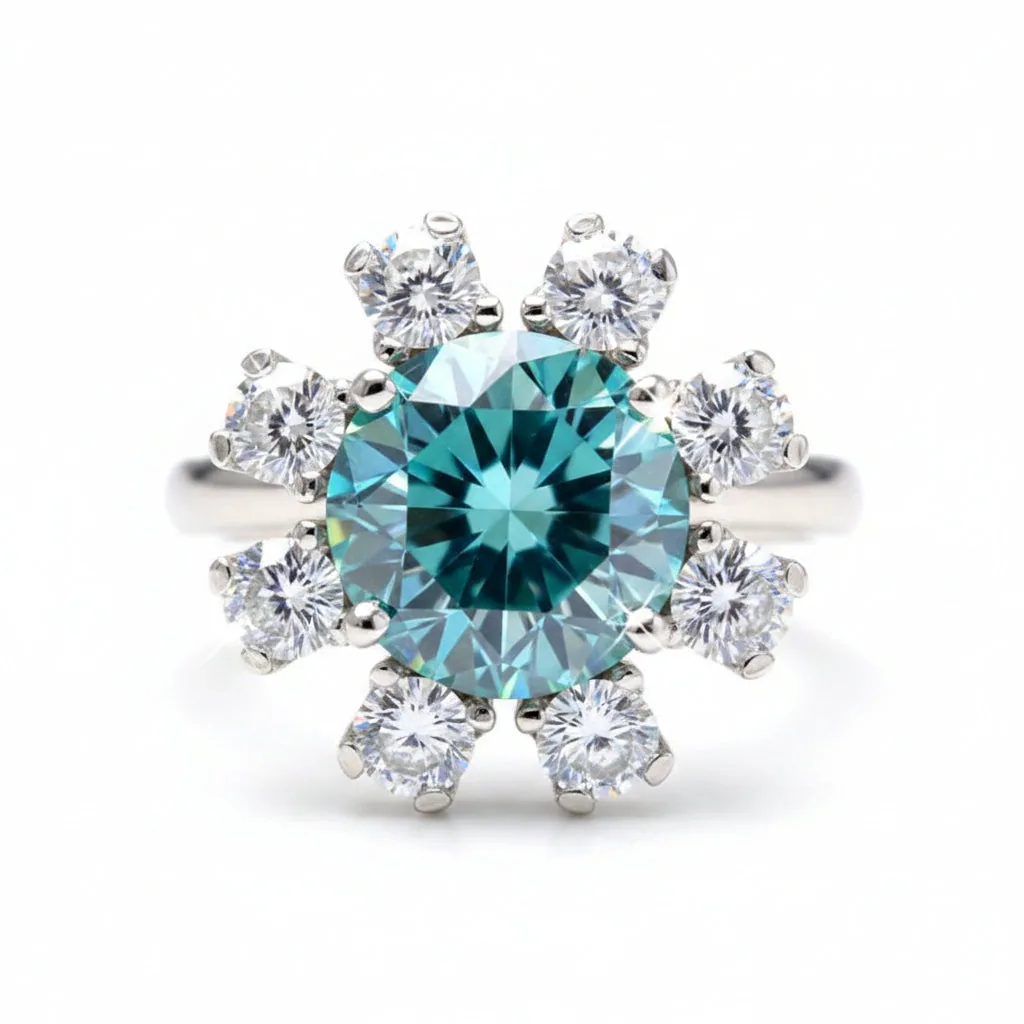 Certified 2.20ct VS1/Round Cut/Blue Moissanite Ring in 18K Gold Plated