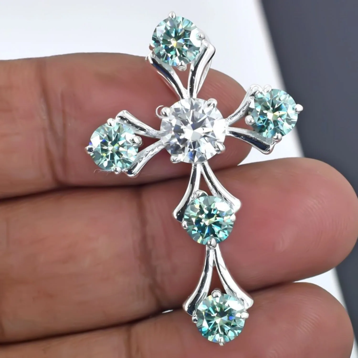 5.00 ct DEW Round Cut Blue & White Moissanite In Gold Vermeil Plus-Shape Necklace - view 3