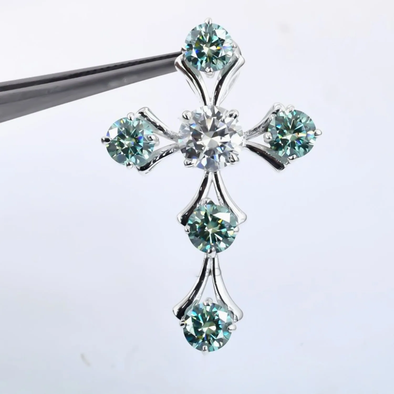 5.00 ct DEW Round Cut Blue & White Moissanite In Gold Vermeil Plus-Shape Necklace - view 4