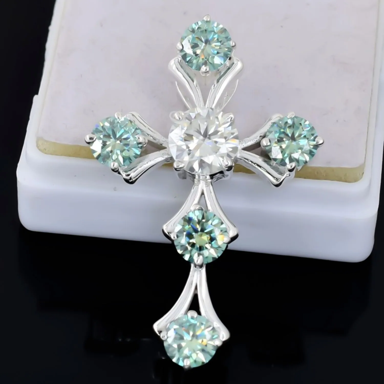 5.00 ct DEW Round Cut Blue & White Moissanite In Gold Vermeil Plus-Shape Necklace - view 5