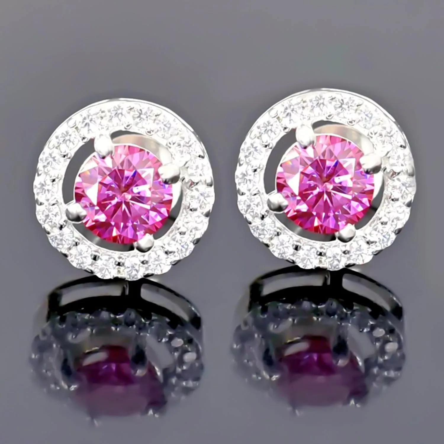 2.00 ct DEW Certified Pink Moissanite Solitaire Studs in Gold Vermeil For Wife - view 3