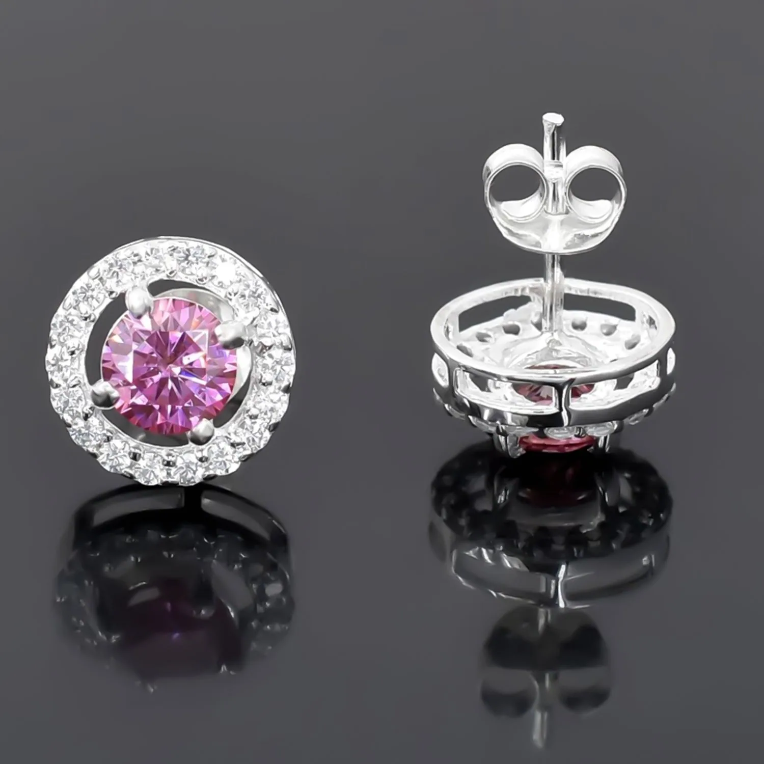 2.00 ct DEW Certified Pink Moissanite Solitaire Studs in Gold Vermeil For Wife - view 4